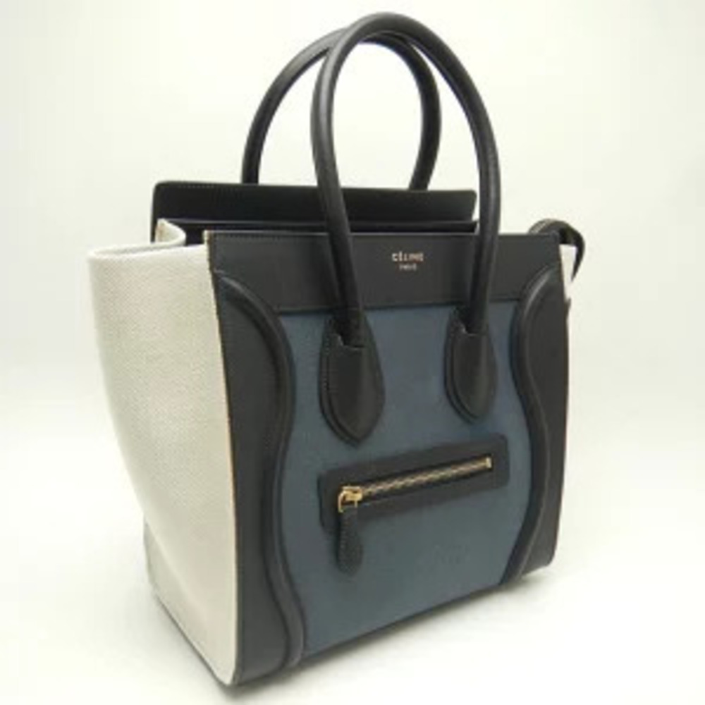 Celine Luggage Shoulder Bag Canvas Leather Black Navy Blue Natural - Picture 2 of 8